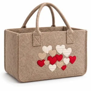 Borsa Cesto in Feltro Beige con Applicazione Cuori