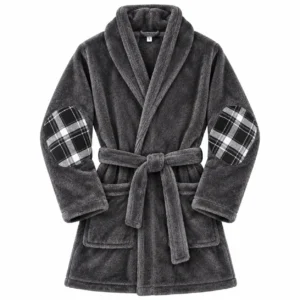 Vestaglia in Pile Grigio con Toppe a Quadri
