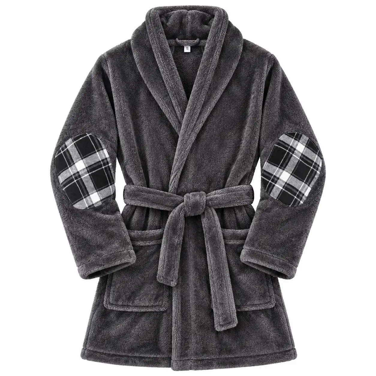 Vestaglia in Pile Grigio con Toppe a Quadri